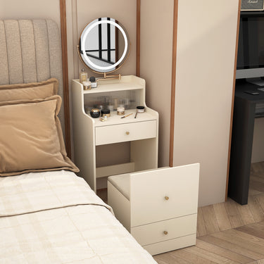 3 In 1 Vanity Desk With Mirror And Light, With 2 Drawers And Open Storage Space